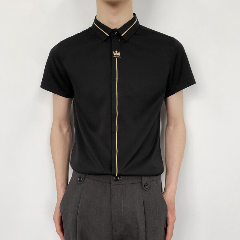 714-C560P40控59/2025夏季短袖衬衫修身皇冠绣花工作服衬衣ktv图片