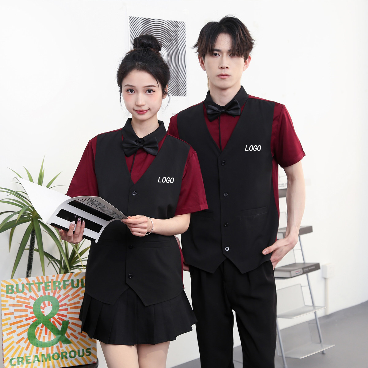 714-H3082P55控79/2025夏季短袖工作服衬衫假两件制服ktv酒吧衬衣图片