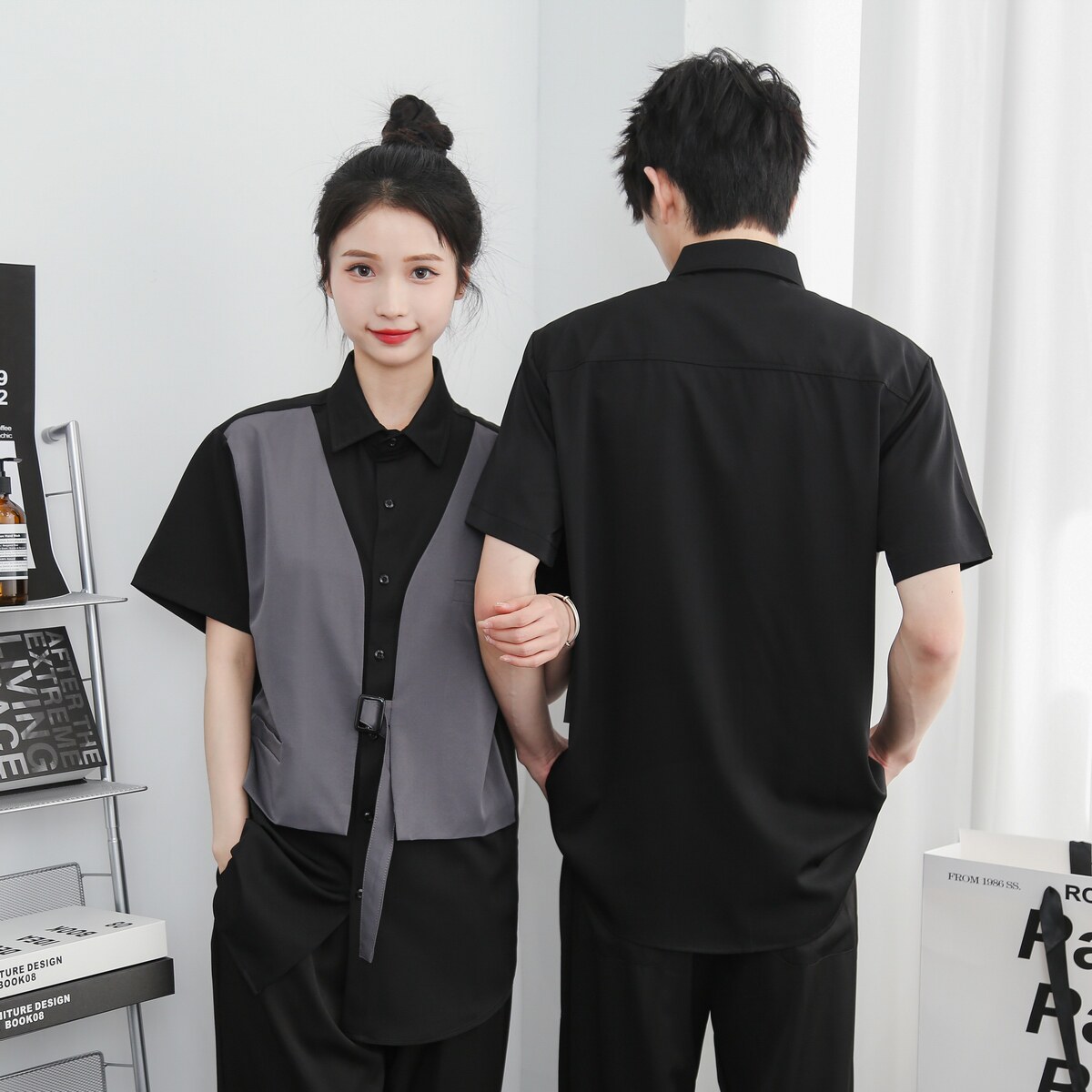 714-H3012P55控79/2025新款夏季日系假两件拼接发型师工作服衬衫,男装衬衫,星座714(原C313)