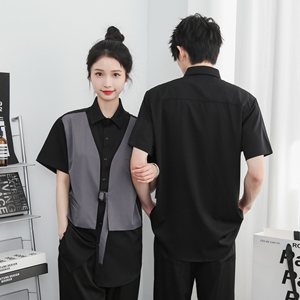 714-H3012P55控79/2025新款夏季日系假两件拼接发型师工作服衬衫