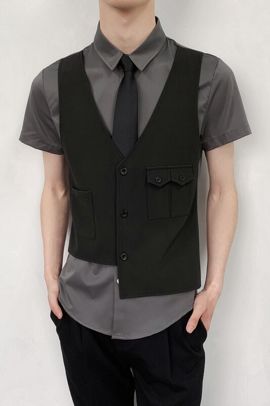 714-H6003P55控69/2025夏发型师ktv酒吧衬衫修身假两件工作制服,男装衬衫,星座714(原C313)