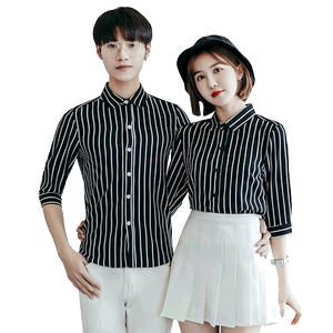 Y5002/2025情侣衬衫男女衬衣条纹修身工作服衬衣七分袖S-5XL P50图片