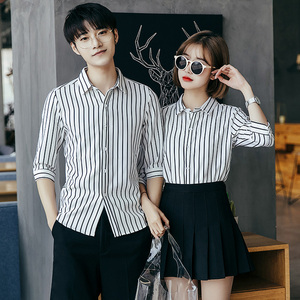 Y5002/2025情侣衬衫男女衬衣条纹修身工作服衬衣七分袖S-5XL P50图片