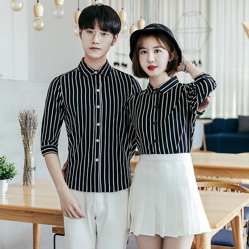 Y5002/2025情侣衬衫男女衬衣条纹修身工作服衬衣七分袖S-5XLP50,男装衬衫,星座714(原C313)