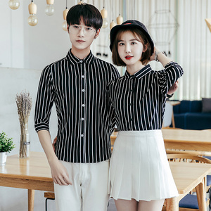 Y5002/2025情侣衬衫男女衬衣条纹修身工作服衬衣七分袖S-5XL P50图片