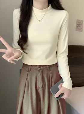 秋冬季双面磨毛绒半高领打底衫女显瘦长袖内搭上衣女款