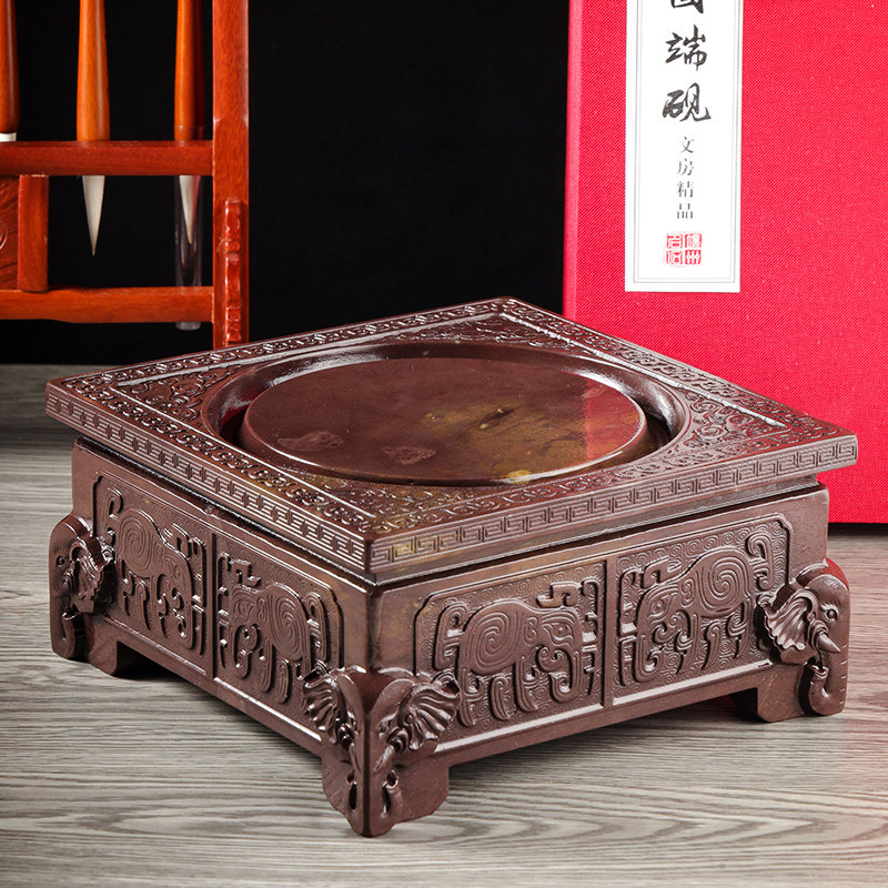 精品宋坑砚台肇庆端砚8寸方形送礼 麻子坑四足石渠加厚特重10KG