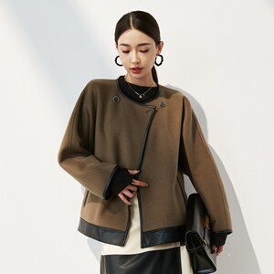 2023秋冬极简冷淡风上衣轻奢高端羊绒拼皮宽松双面呢毛呢外套女