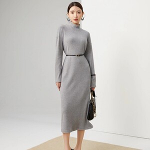 2023秋小众设计高级感直筒裙气质性感长袖高领羊毛针织连衣裙微弹