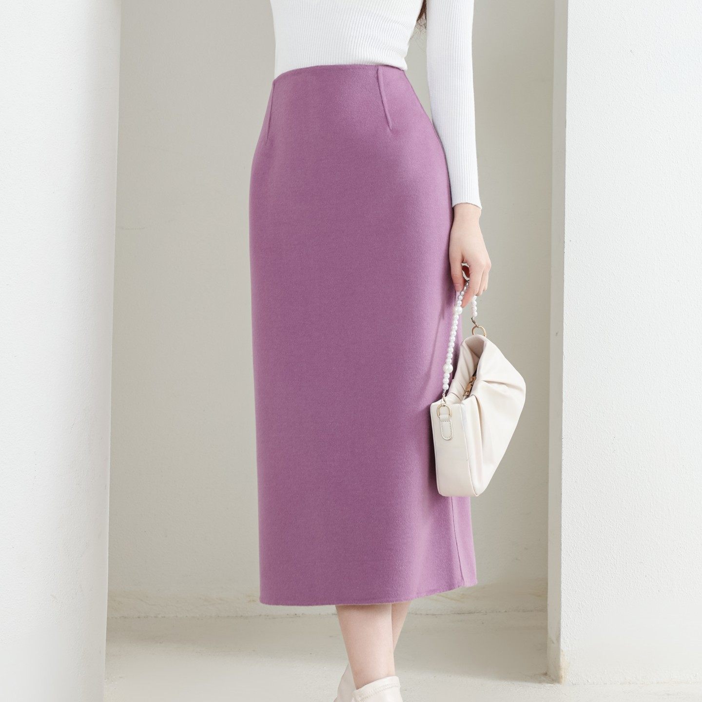 2025现货纯羊毛双面呢后开叉紫色显瘦半身裙秋冬时尚直筒裙女,女装/女士精品,半身裙,淘宝优惠券,粉丝福利购,淘宝优惠卷