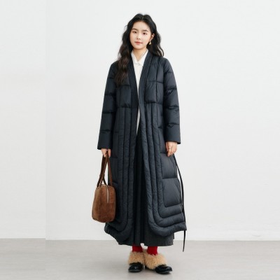 MVC原版冬季小众高品质保暖外套气质宽松V领收腰长款鹅绒羽绒服女