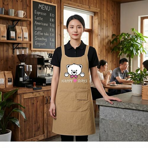 卡通小熊帆布背带围裙防水防油污餐饮咖啡店奶茶店工作服家务清洁
