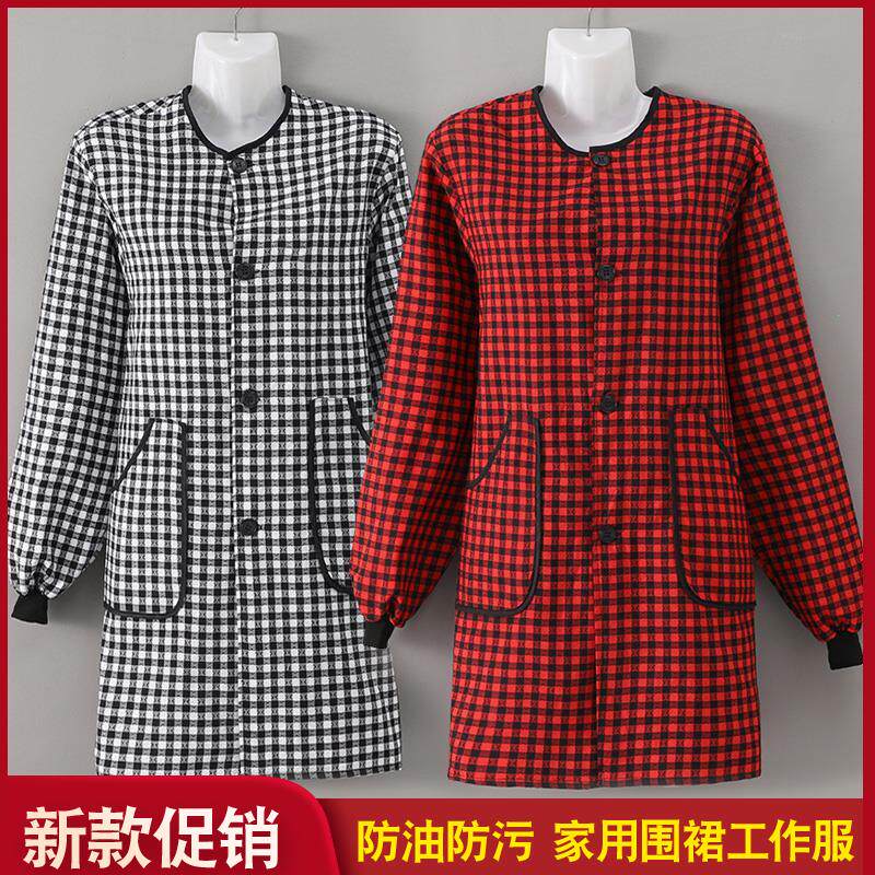 纯棉正穿衣围裙家用厨房工作服防油防污罩衣带扣女小格子衣服外套