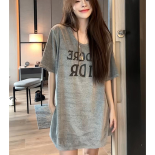 欧货大版U领字母印花短袖T恤女夏季时尚简约侧边开叉中长款上衣服