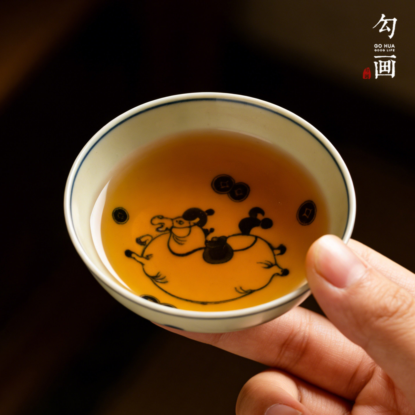 【马上有钱】汝黄手绘釉下彩普洱杯茶杯中式功夫茶品茗主人杯茶碗