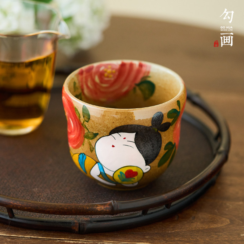 勾画茶器手绘唐美人手握杯茶杯送礼粗陶国潮大容量办公室喝水杯子