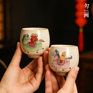 景德镇原创主人杯单杯全手工手绘生肖马功夫茶杯窑变陶瓷品茗杯女