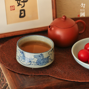 景德镇陶瓷茶杯手绘生肖马趣味复古青花压手主人杯喝茶功夫茶单杯