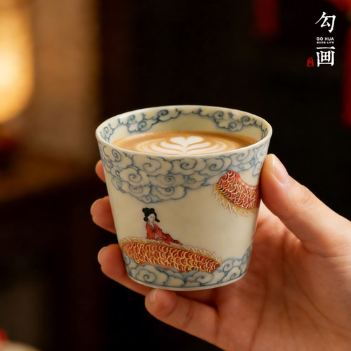 手绘鹿猪口杯水杯景德镇陶瓷斗彩咖啡杯个人专用茶杯马克杯早餐杯