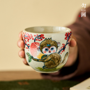 山谷设计景德镇陶瓷生肖猴子茶杯中式复古早餐杯手绘手握水杯杯子