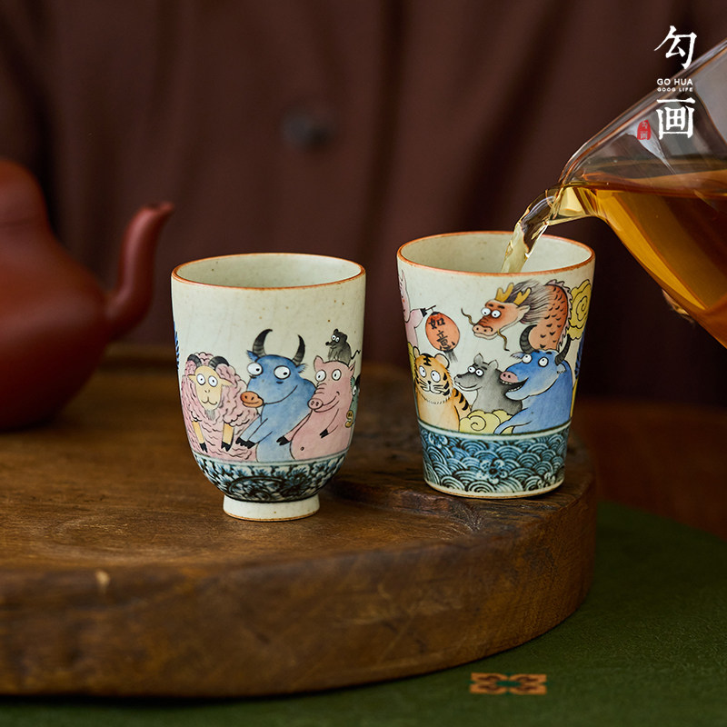 勾画手工手绘十二生肖茶杯粗陶茶具个人专用景德镇青花斗彩主人杯,餐饮具,茶杯,淘宝优惠券,粉丝福利购,淘宝优惠卷