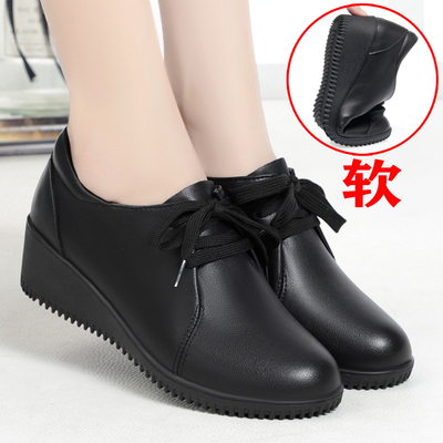 中年女皮鞋真皮系带坡跟软皮软底