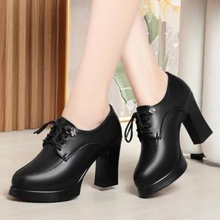 妈妈鞋 女春秋系带皮鞋 深口单鞋 真皮粗跟防水台中年女士走秀高跟鞋