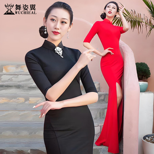 舞姿翼修身形体礼仪服走秀婚宴中式古典罗马棉中袖改良旗袍连衣裙