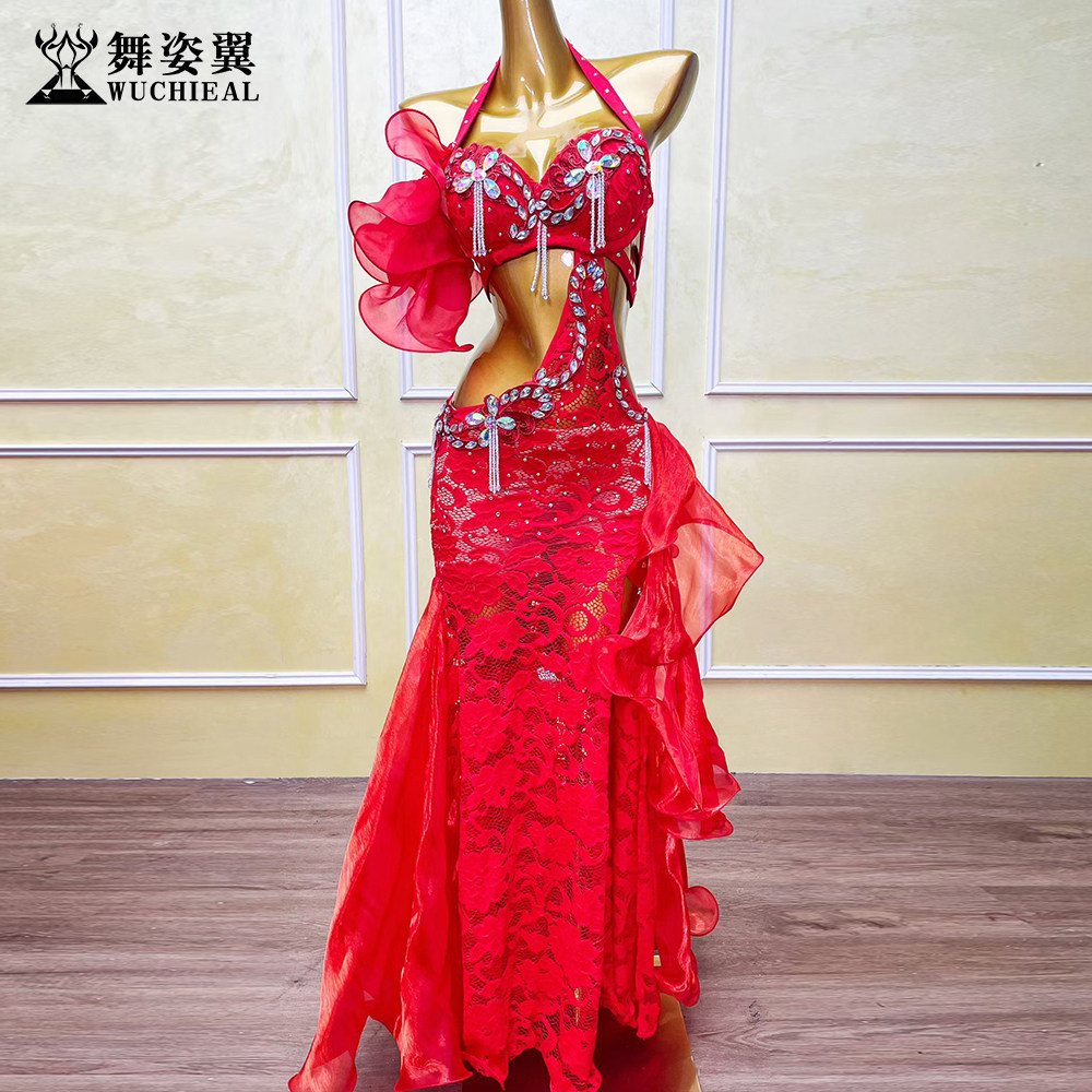 舞姿翼肚皮舞表演出服套装红色蕾丝烫钻流苏文胸包臀鱼尾连体长裙