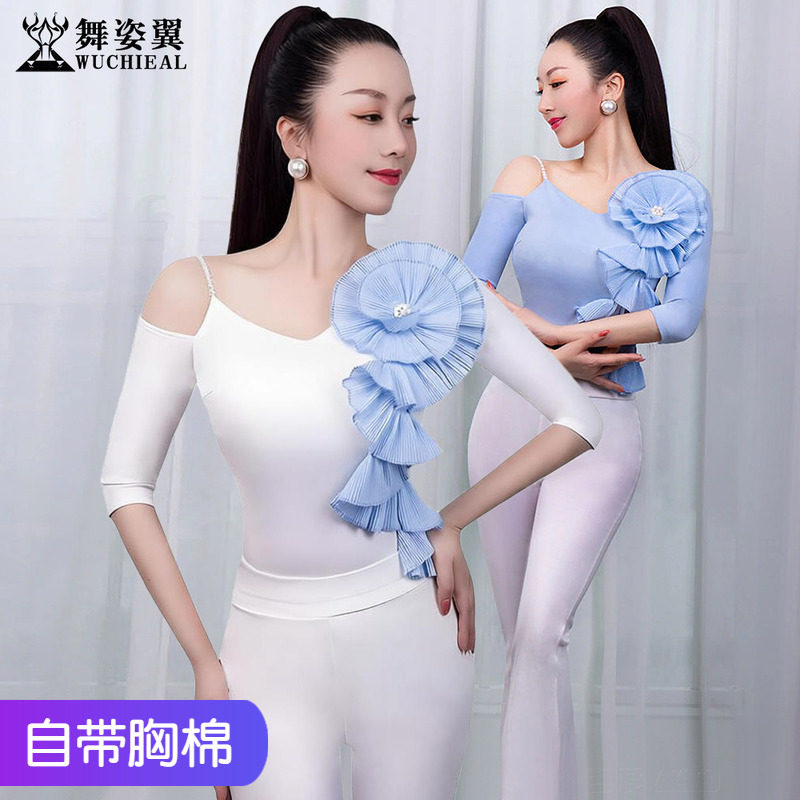 舞姿翼修身中袖立体花带胸棉上衣