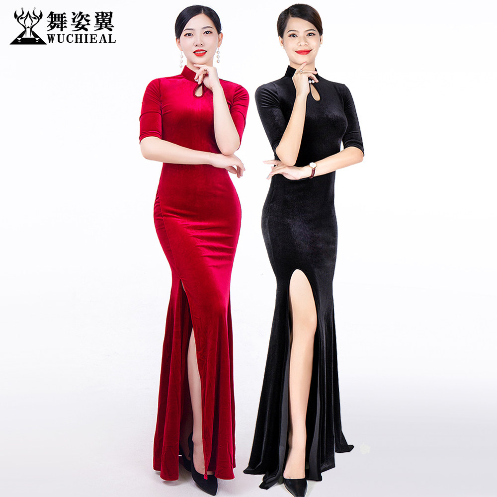 舞姿翼修身形体服丝绒旗袍连衣裙