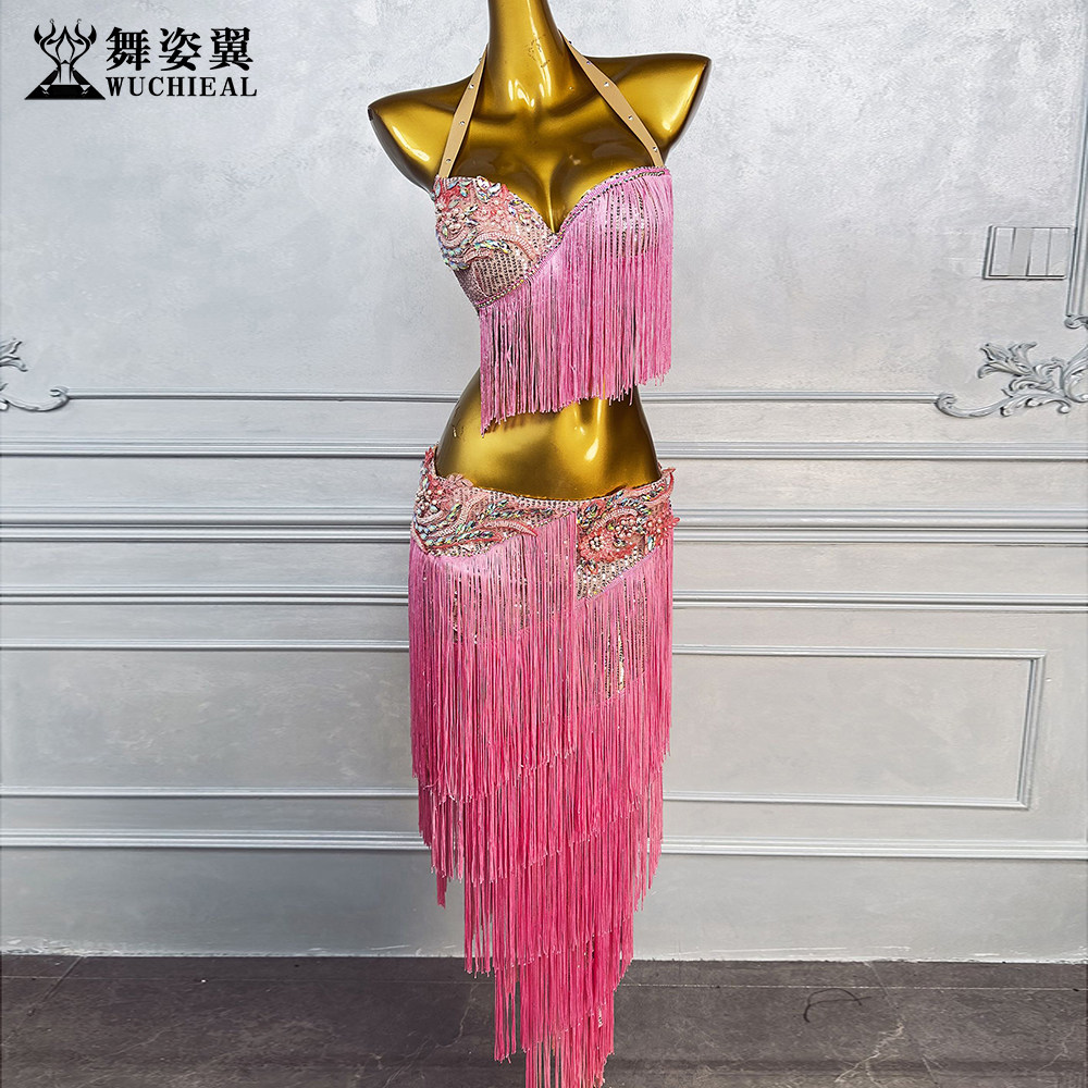 肚皮舞鼓舞烫钻亮片流苏长裙套装