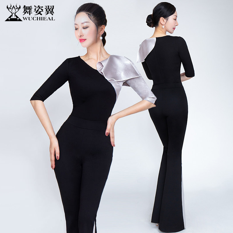 舞姿翼修身形体服罗马棉荷叶V领