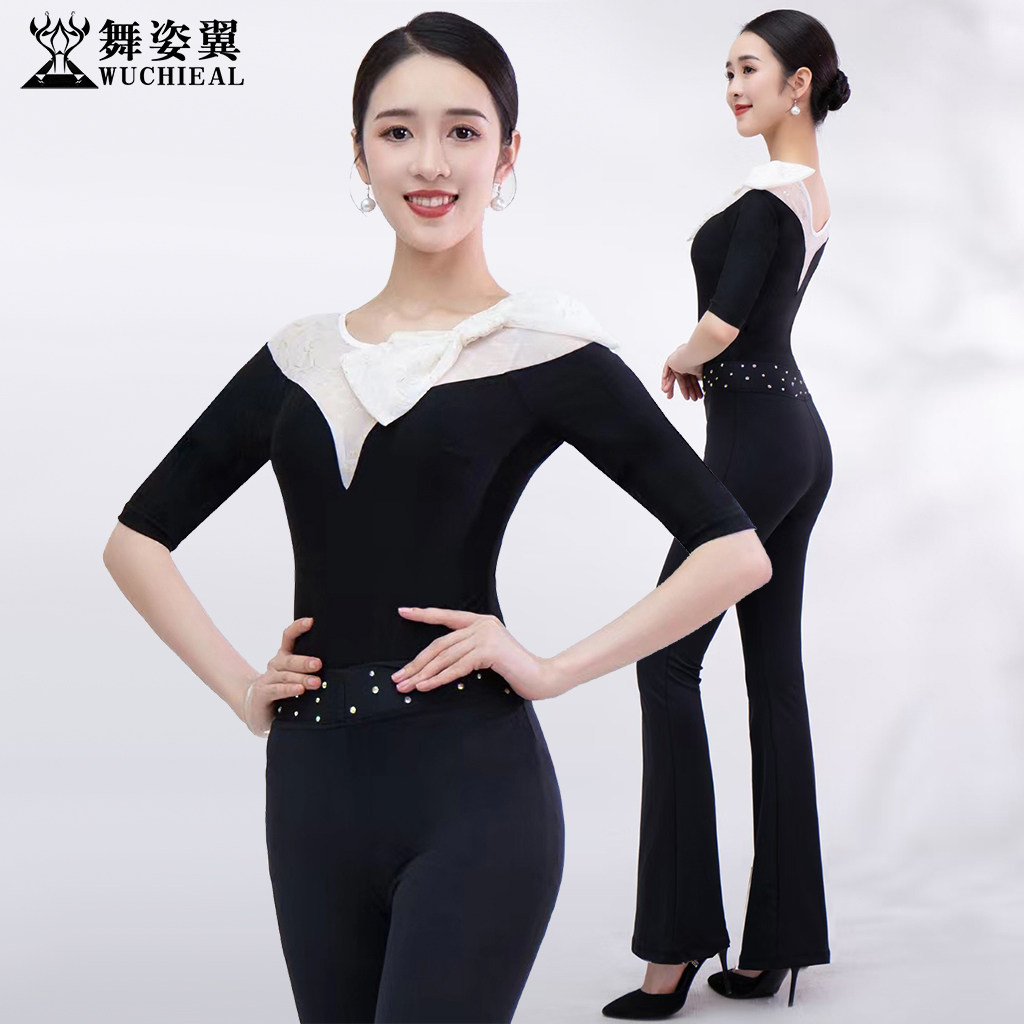 舞姿翼修身形体礼仪走秀训练服黑色牛奶丝中袖上衣烫钻微喇裤套装