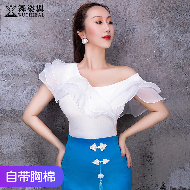舞姿翼优雅斜肩欧根纱上衣