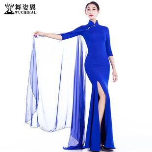 舞姿翼形体礼仪服导师走秀训练服宝蓝色小鱼纹飘纱中袖旗袍连衣裙