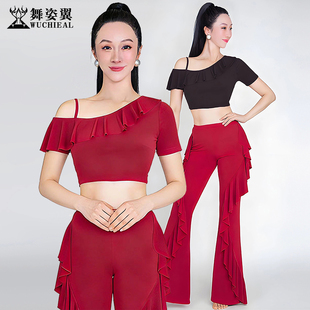舞姿翼肚皮舞练习服装酒红黑色水晶棉斜肩短袖上衣荷叶边裤子套装