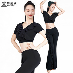 舞姿翼肚皮舞套装舞蹈练习服黑色水晶棉荷叶边V领短袖单上衣裤子