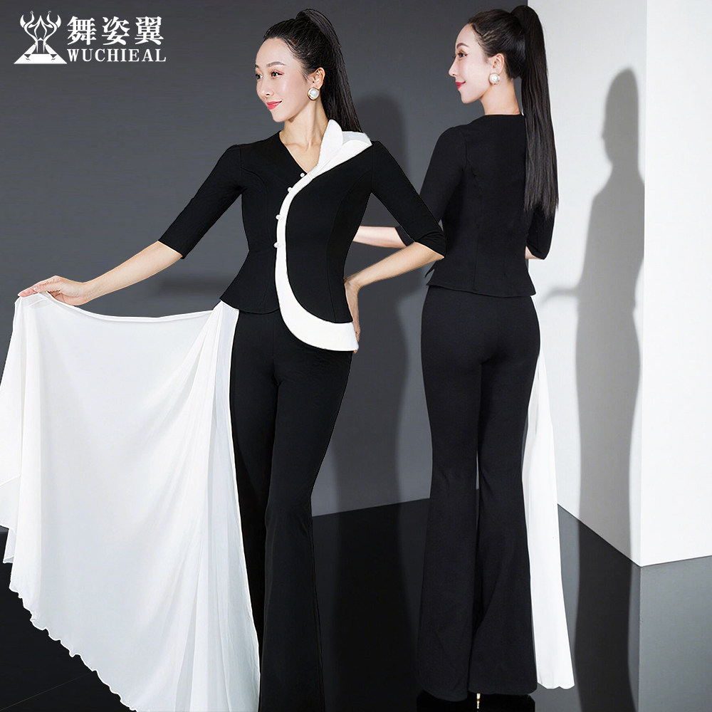 舞姿翼形体衣礼仪走秀训练服修身飘纱罗马棉黑白中袖上衣裤子套装