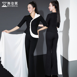 舞姿翼形体衣礼仪走秀训练服修身飘纱罗马棉黑白中袖上衣裤子套装