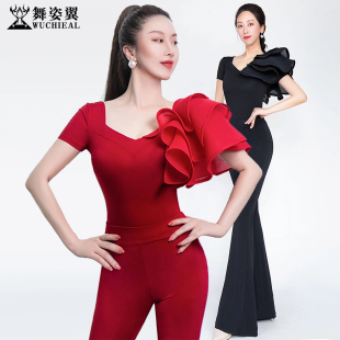 舞姿翼形体礼仪走秀练功服酒红色水晶棉荷叶短袖上衣裤子套装32-2