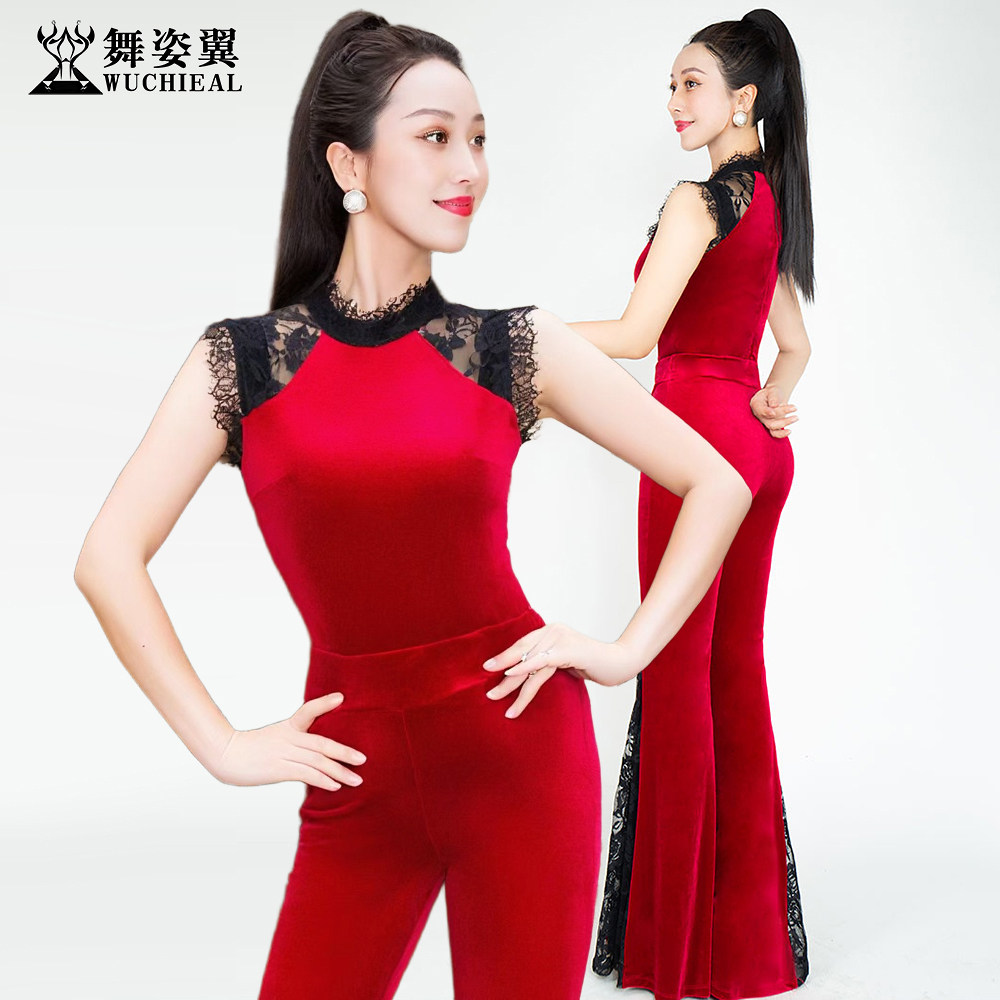 舞姿翼形体衣丝绒蕾丝半高领套装
