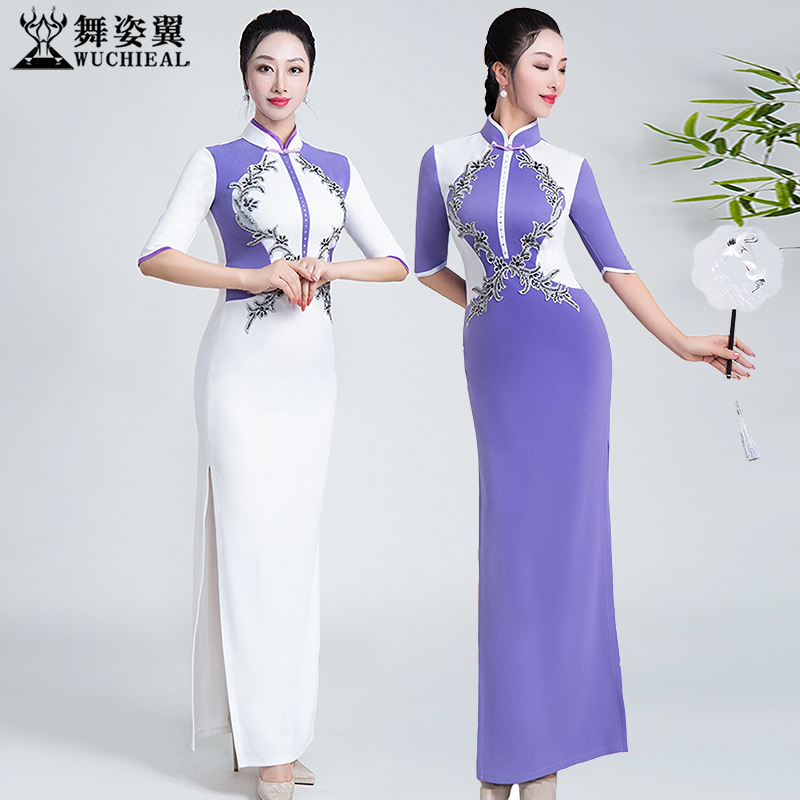 舞姿翼修身立体剪裁中袖旗袍裙