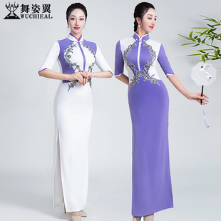 舞姿翼修身形体礼仪训练走秀练功服立体剪裁中袖烫钻花改良旗袍裙