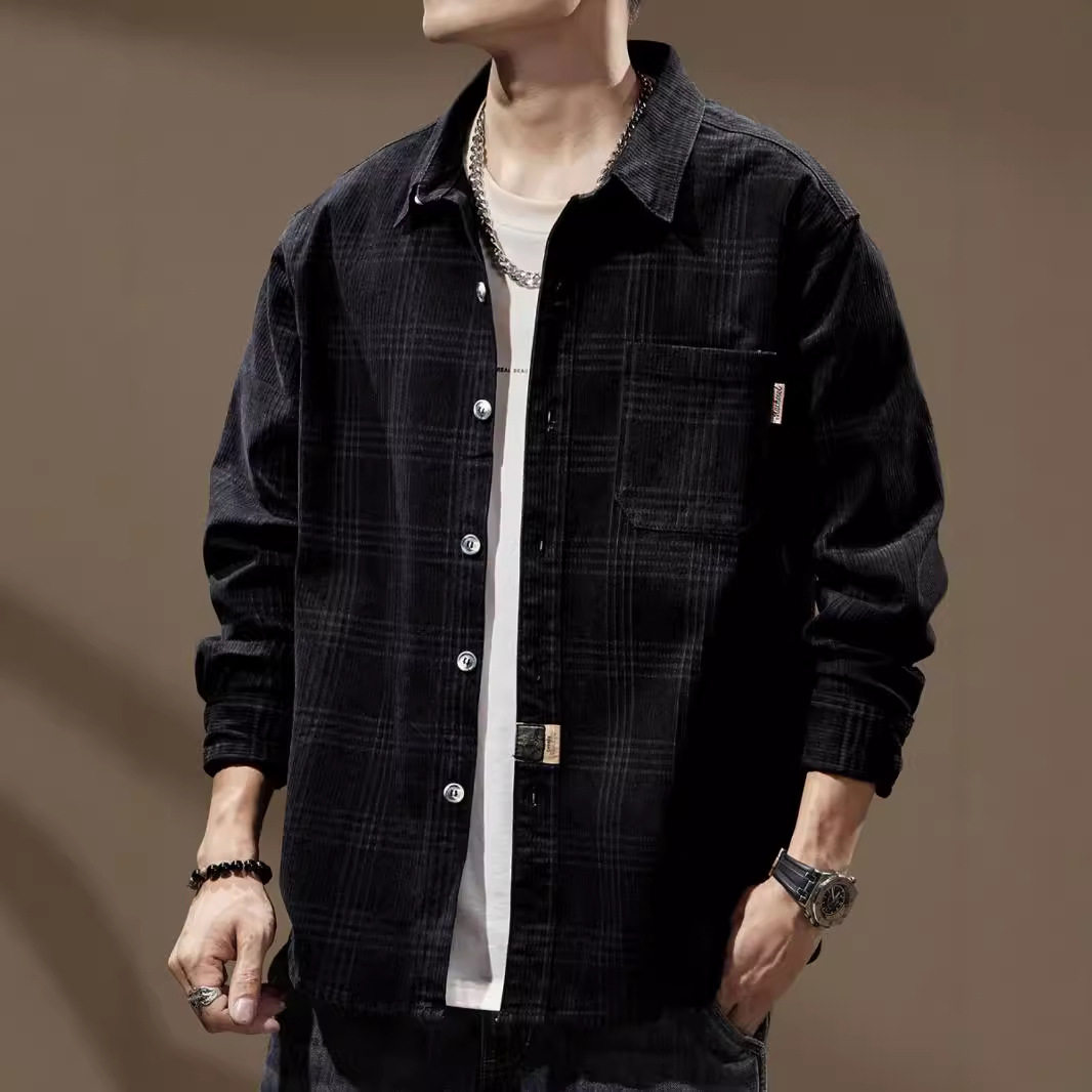 翻领长袖日系外套美式衬衫格子