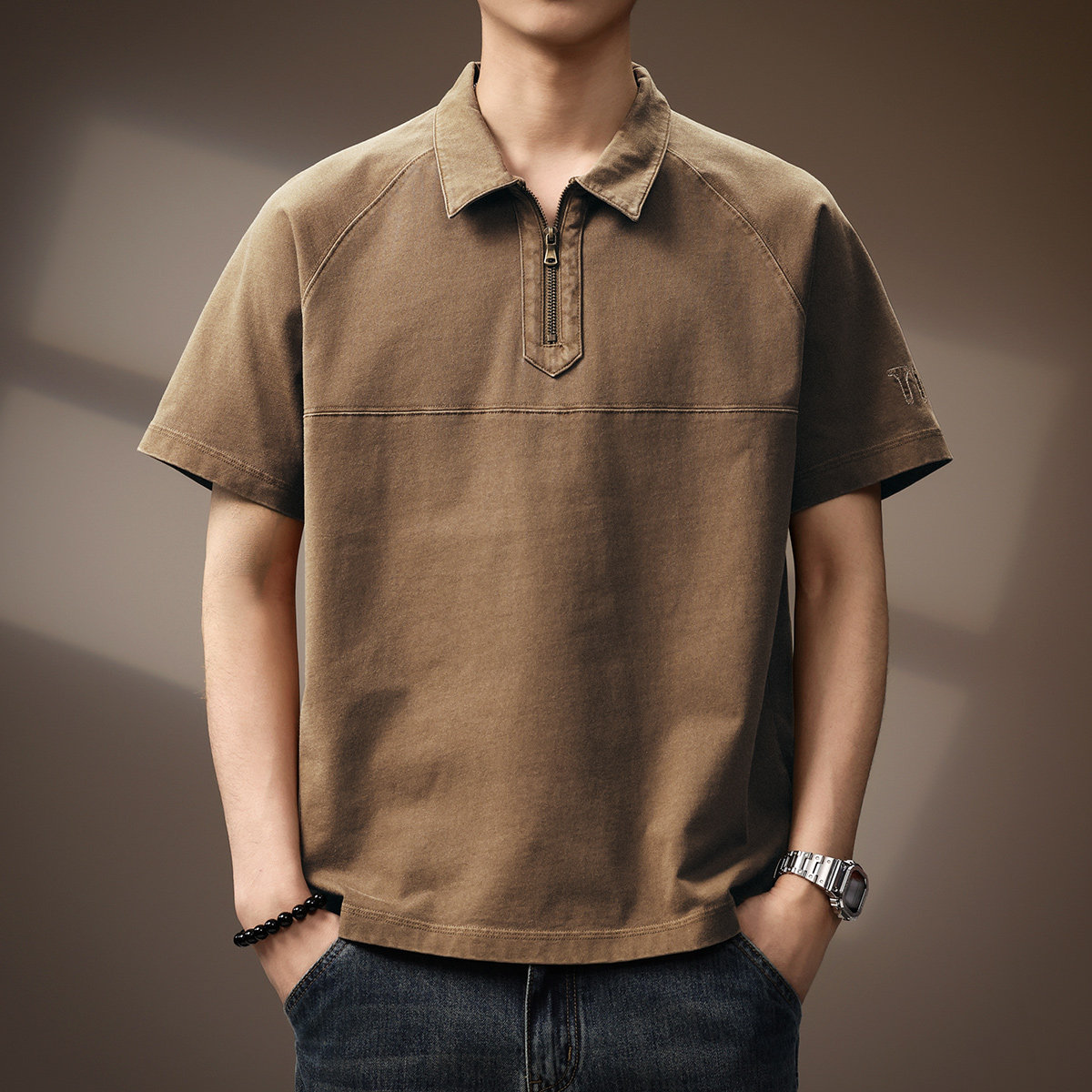 高端美式复古拼接短袖Polo衫男夏季宽松休闲半拉链翻领半袖T恤男