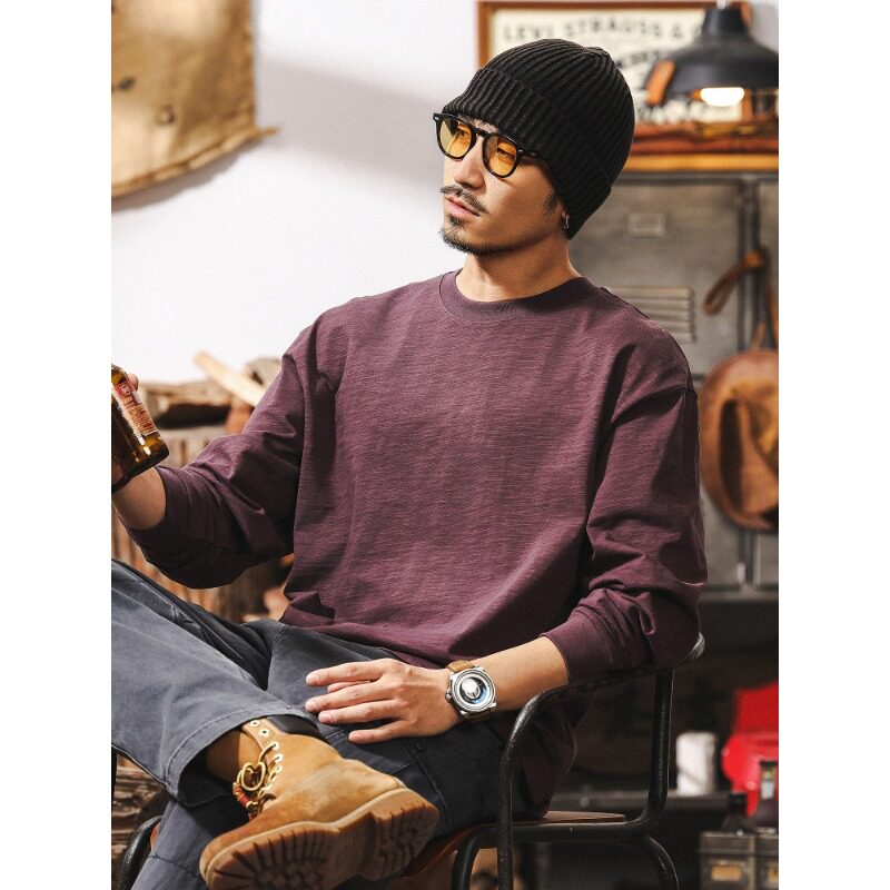 竹节肌理纯棉T恤男长袖春季2026新款多巴胺紫色宽松简约男士上衣