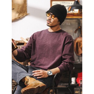 竹节肌理纯棉T恤男长袖春季2026新款多巴胺紫色宽松简约男士上衣