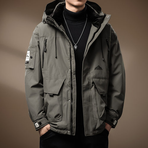 高端90%鸭绒户外工装羽绒服男秋冬宽松加厚保暖连帽外套冲锋衣男