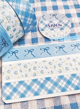 【分装】日本SAIEN蓝色蝴蝶结碎花格纹小清新盐系手帐和纸胶带